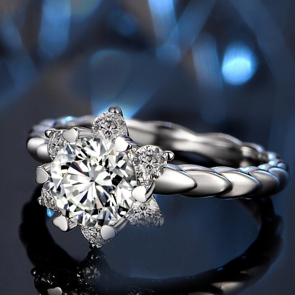 💞925 Silver Plated Imitate Moissanite Twist Snowflake Ring, MARR9370